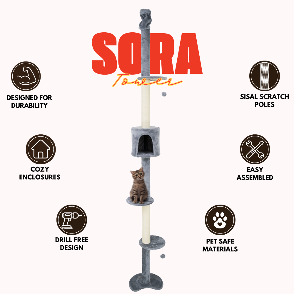 FurryLiving Sora Adjustable Floor to Ceiling with Scratching Posts, Condo and Hanging Toy Cat Tree