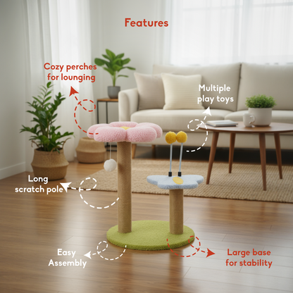 FurryLiving Meadow Flower Multi Level Cat Tree Scratching Post & Interactive Toys for Cats and Kittens