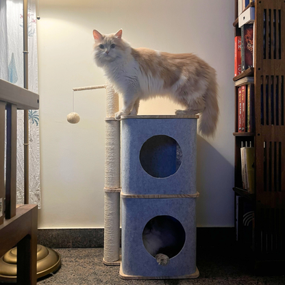 FurryLiving Nara Dual-Level Felt Condo with Scratch Pole & Hanging Toy Cat Tree