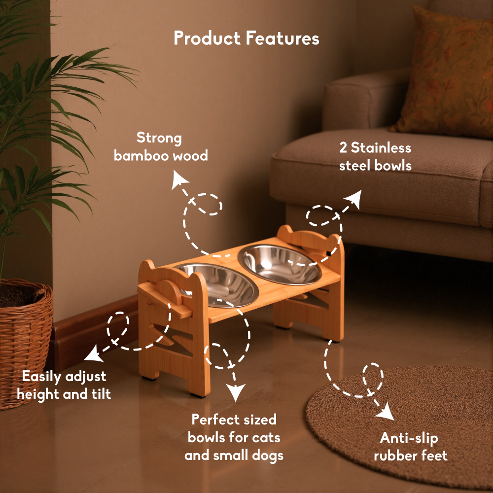 FurryLiving Modo Elevated Adjustable Bamboo Pet Feeder with 2 Bowls for Dogs and Cats