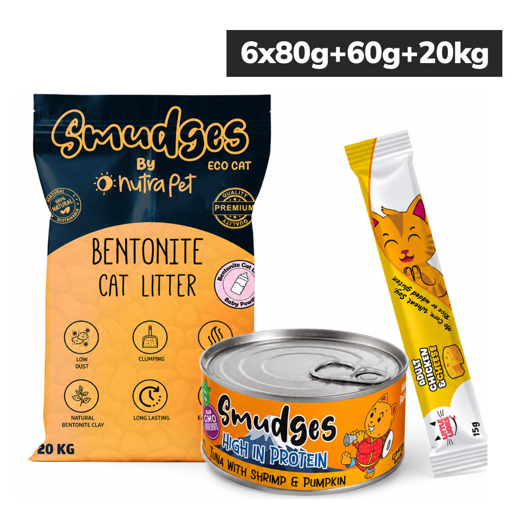 Smudges Tuna Flakes Shrimp & Pumpkin Wet Food and Little Licks Chicken & Cheese Treats and Bentonite Litter for Cats