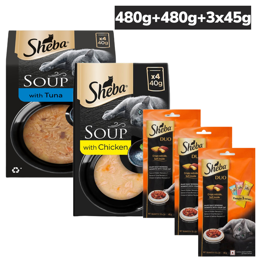 Sheba Soup with Tuna and Chicken and Duo Tuna & Chicken, Salmon & Tuna, Chicken & Salmon Crunchy Combo Adult Cat Treats