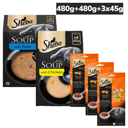 Sheba Soup with Tuna and Chicken and Duo Tuna & Chicken, Salmon & Tuna, Chicken & Salmon Crunchy Combo Adult Cat Treats