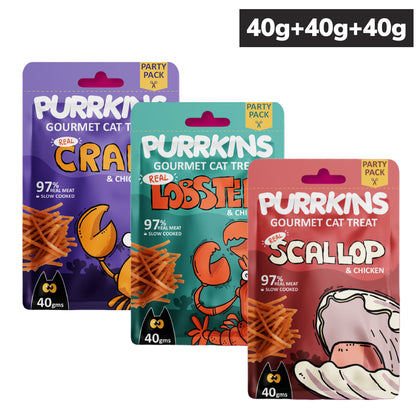 Purrkins Crab & Chicken and Lobster & Chicken and Scallop & Chicken Soft Jerky Combo Cat Treats
