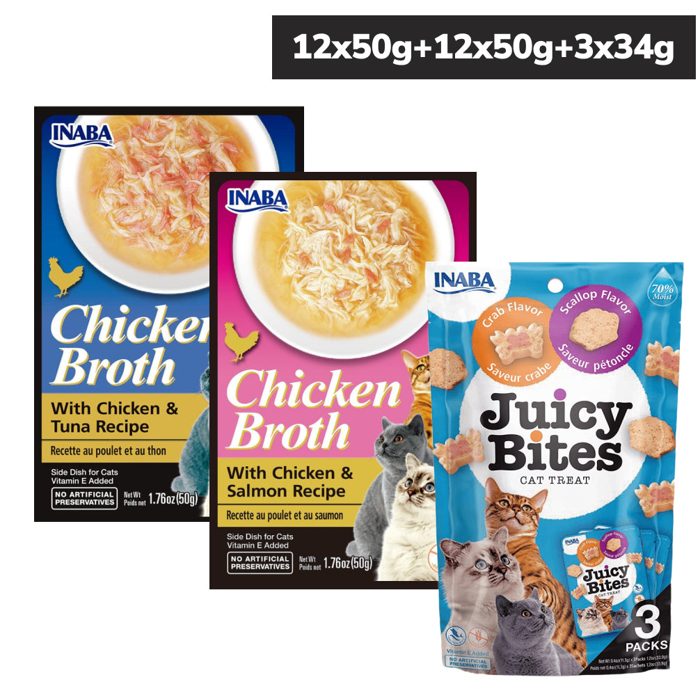 INABA Chicken Broth Chicken & Tuna and  Chicken & Salmon and Juicy Bites Scallop & Crab Flavoured Combo Cat Treats