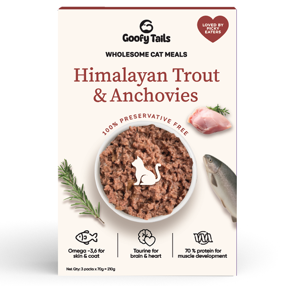 Goofy Tails Mackerel & Chicken and Himalayan Trout & Anchovies Meals and Chicken Bone Broth 100ml Combo for Cats