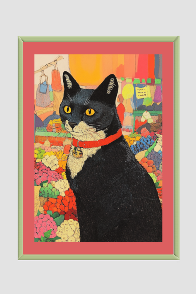 EverythingBoho Cat in Local Market Framed Art (Olive Green)