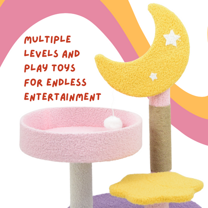 FurryLiving Tsuki Moon Themed Cat Tree 3 Tier Cat and Kitten Scratching Post and Hanging Toy for Cats