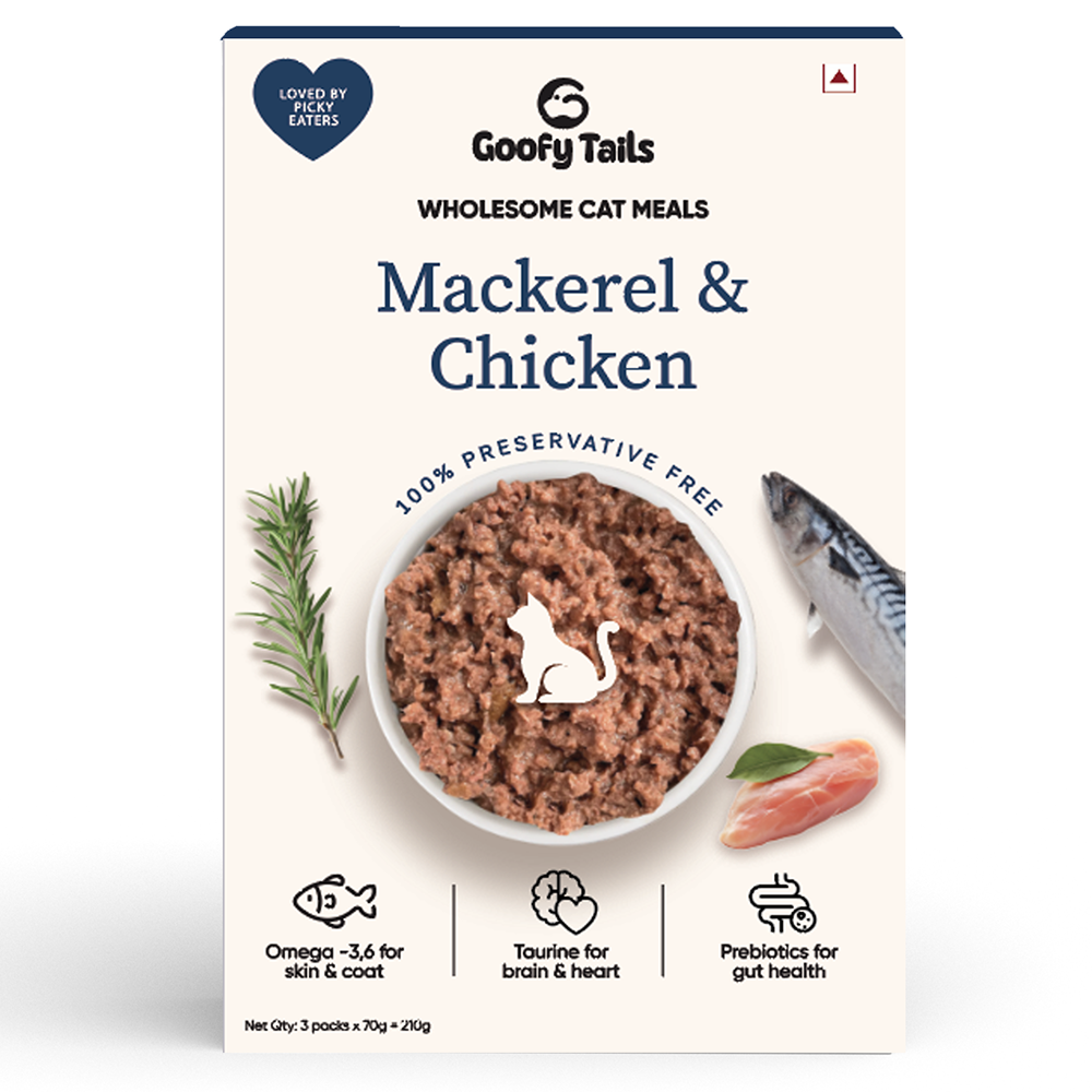 Goofy Tails Mackerel & Chicken and Himalayan Trout & Anchovies Meals and Chicken Bone Broth 100ml Combo for Cats