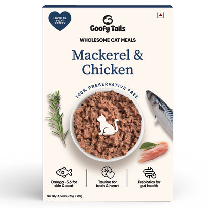 Goofy Tails Mackerel & Chicken and Himalayan Trout & Anchovies Meals and Chicken Bone Broth 375ml Combo for Cats