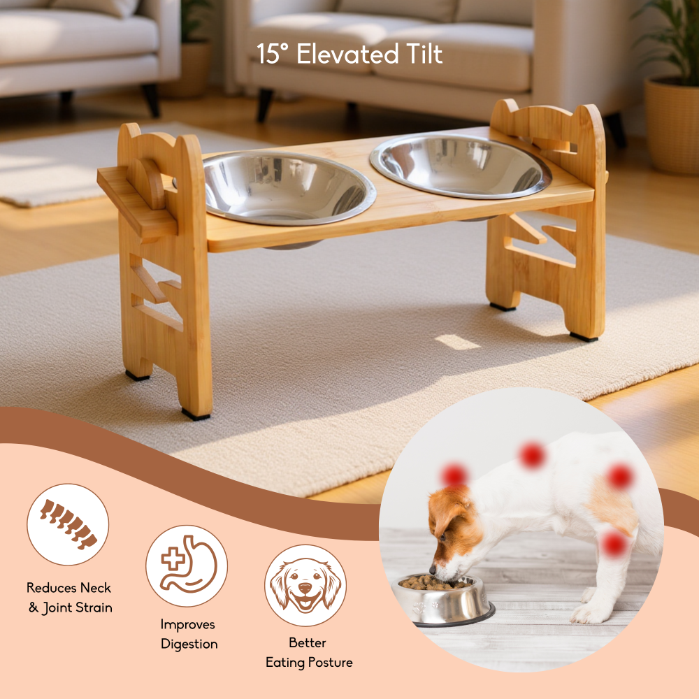 FurryLiving Modo Elevated Adjustable Bamboo Pet Feeder with 2 Bowls for Dogs and Cats