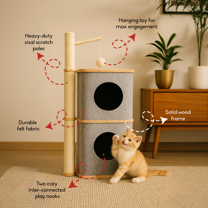 FurryLiving Nara Dual-Level Felt Condo with Scratch Pole & Hanging Toy Cat Tree