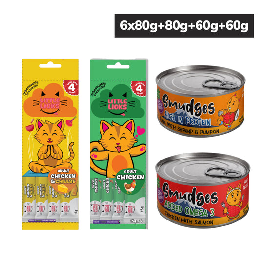 Smudges Tuna Flakes Shrimp & Pumpkin and Chicken Salmon Wet Food and Chicken & Cheese and Chicken Treat Combo Adult Cat