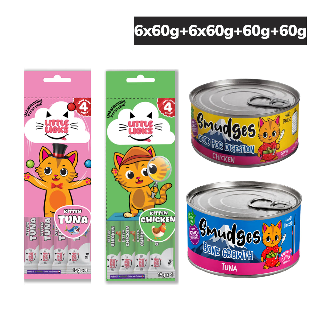 Smudges Chicken Shredded in Gravy and Tuna in Soft Jelly Wet Food Little Licks Chicken and Tuna Creamy Bisque Kitten Cat Treats