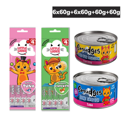 Smudges Chicken Shredded in Gravy and Tuna in Soft Jelly Wet Food Little Licks Chicken and Tuna Creamy Bisque Kitten Cat Treats