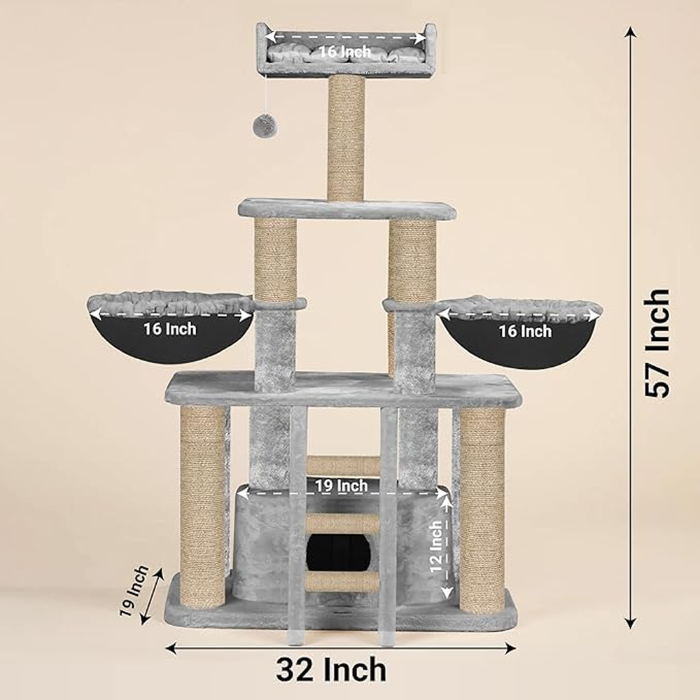 Furrlovers Fur Fabric Cat Tree with Hammocks, Condo & Jute Rope Scratching Posts (Grey)