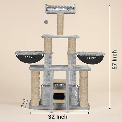 Furrlovers Fur Fabric Cat Tree with Hammocks, Condo & Jute Rope Scratching Posts (Grey)