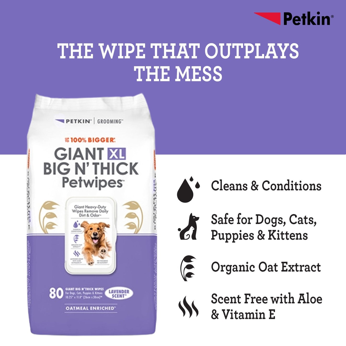 Petkin Gaint Big N' Thick  Lavender Scented Petwipes for Dogs and Cats