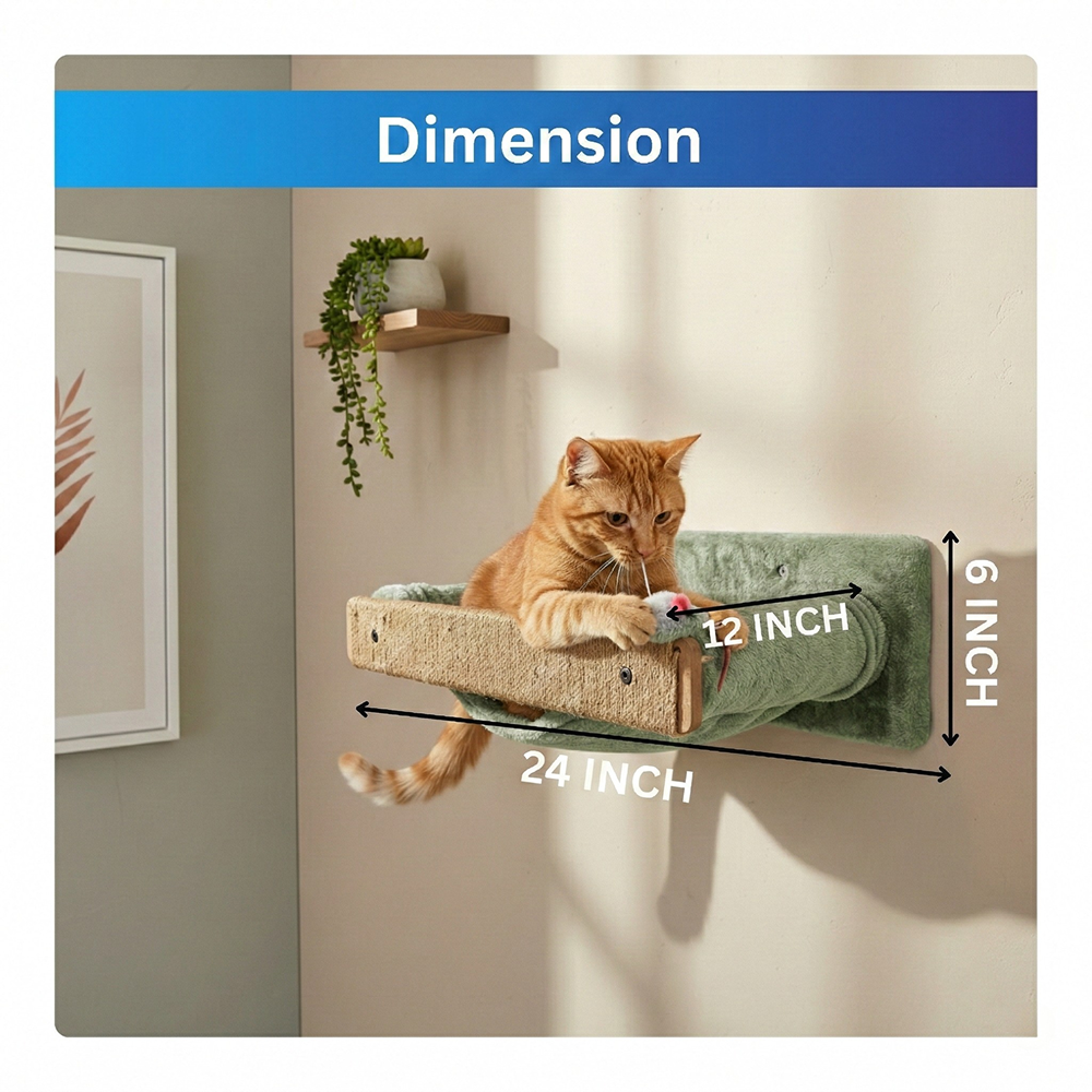 Furrlovers Wall Mounted Perch with Scratching Post & Plush Cushion for Cats (Green)