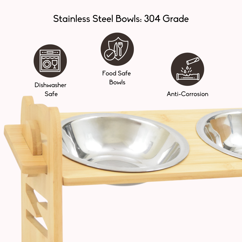 FurryLiving Modo Elevated Adjustable Bamboo Pet Feeder with 2 Bowls for Dogs and Cats