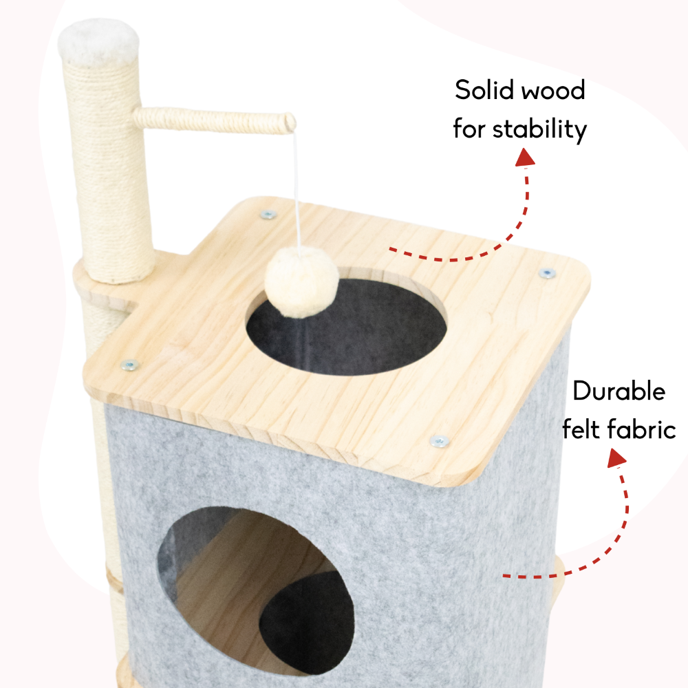 FurryLiving Nara Dual-Level Felt Condo with Scratch Pole & Hanging Toy Cat Tree