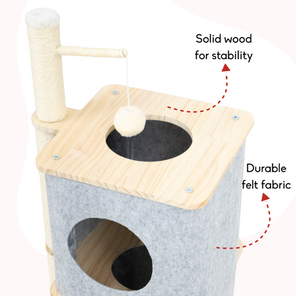 FurryLiving Nara Dual-Level Felt Condo with Scratch Pole & Hanging Toy Cat Tree