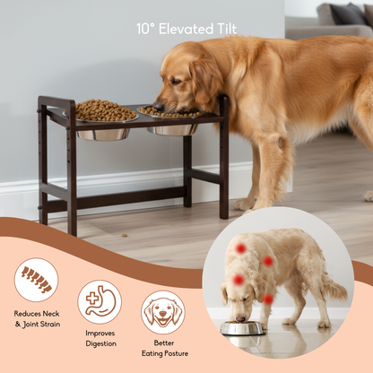 FurryLiving Linea Adjustable Elevated Raised Feeder with 2 Bowls for Dogs and Cats (Dark Brown)