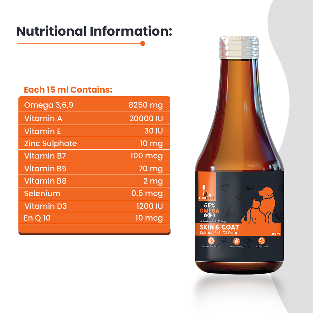 Lickicious Skin & Coat Syrup with Salmon Oil Omega 3 6 9 for Dogs & Cats