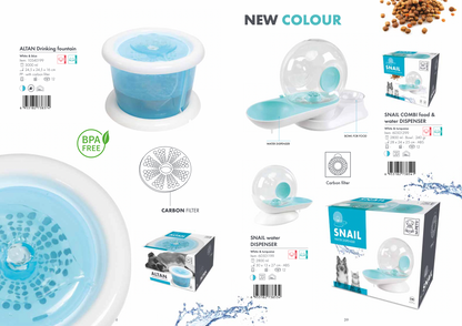 M Pets Snail Combi Food & Water Dispenser for Dogs and Cats (White &Turquoise)