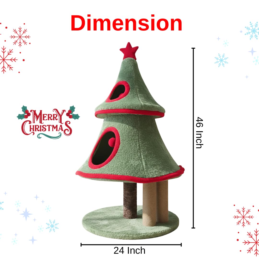 Furrlovers Christmas Tree Cat Scratching Post with Plush Condo & Dual Scratching Columns (Green)