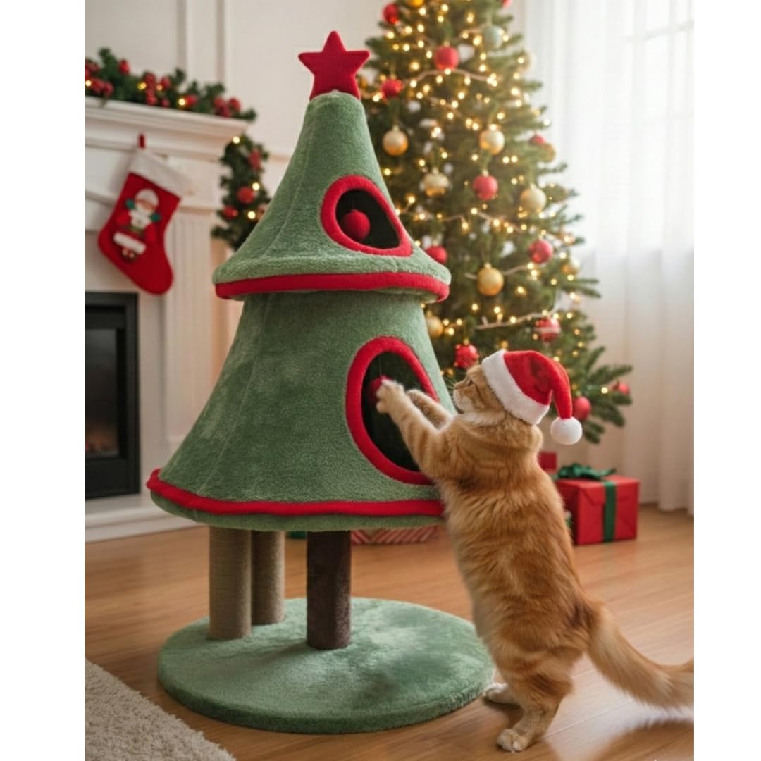 Furrlovers Christmas Tree Cat Scratching Post with Plush Condo & Dual Scratching Columns (Green)