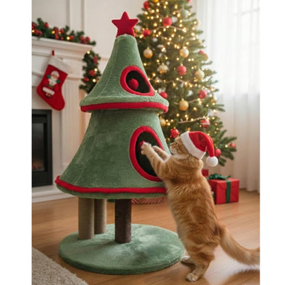 Furrlovers Christmas Tree Cat Scratching Post with Plush Condo & Dual Scratching Columns (Green)