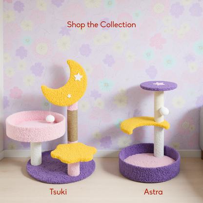 FurryLiving Tsuki Moon Themed Cat Tree 3 Tier Cat and Kitten Scratching Post and Hanging Toy for Cats