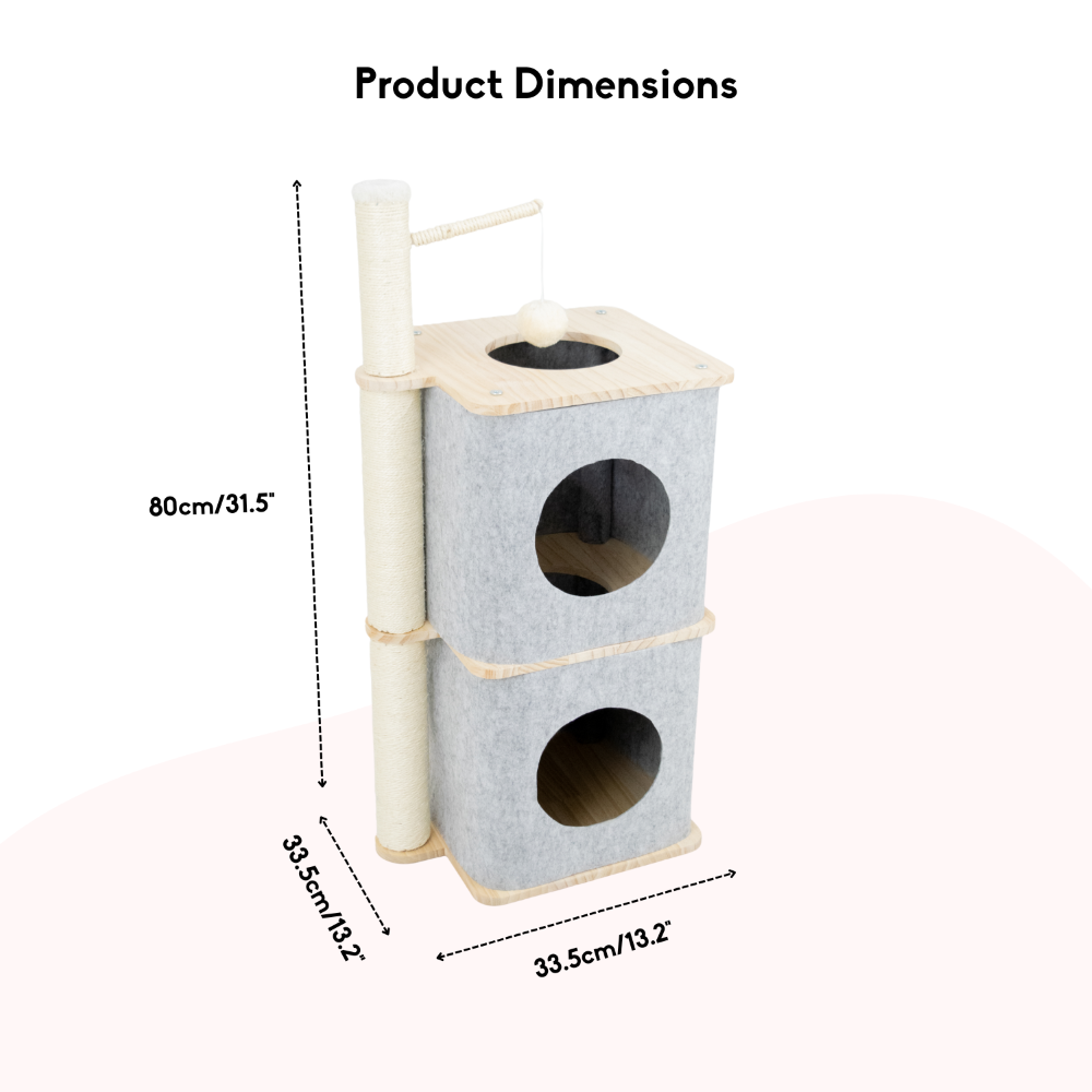 FurryLiving Nara Dual-Level Felt Condo with Scratch Pole & Hanging Toy Cat Tree