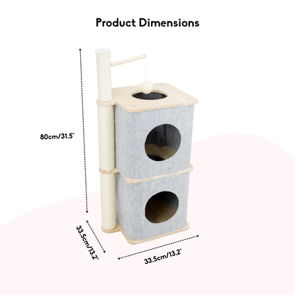 FurryLiving Nara Dual-Level Felt Condo with Scratch Pole & Hanging Toy Cat Tree