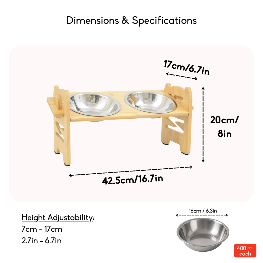 FurryLiving Modo Elevated Adjustable Bamboo Pet Feeder with 2 Bowls for Dogs and Cats