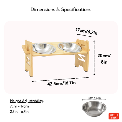 FurryLiving Modo Elevated Adjustable Bamboo Pet Feeder with 2 Bowls for Dogs and Cats