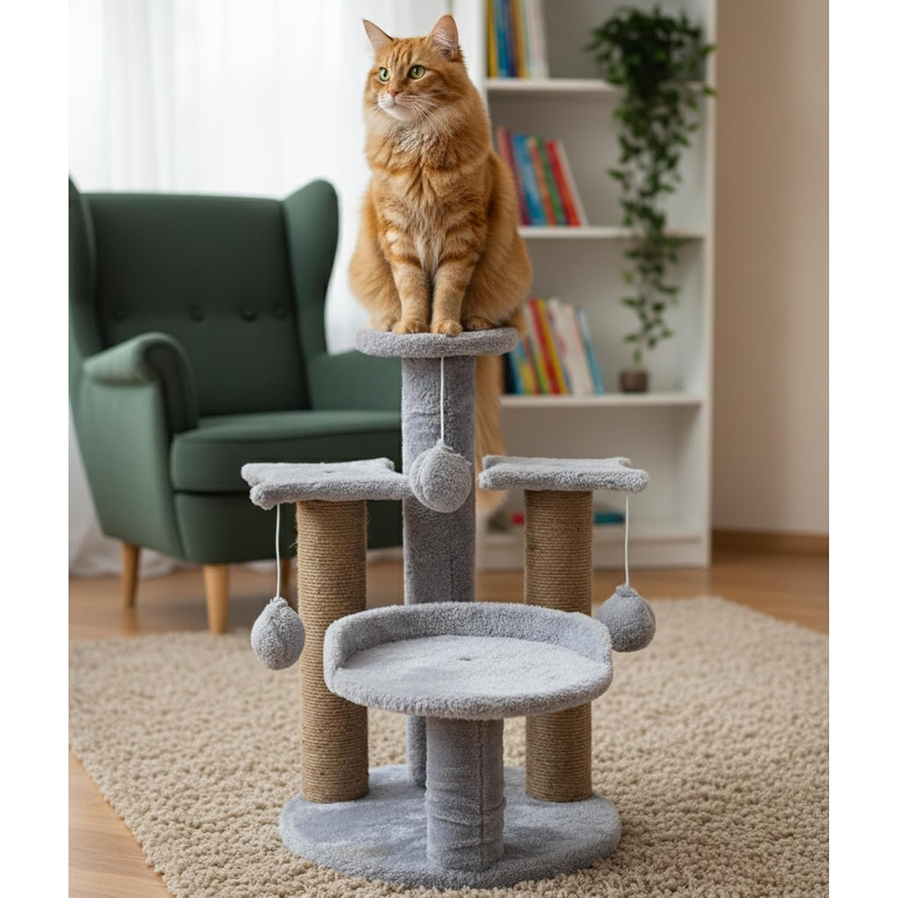 Furrlovers Multi Level Cat Tree with Plush Platforms, Sisal Scratching Posts & Hanging Toys (Grey)