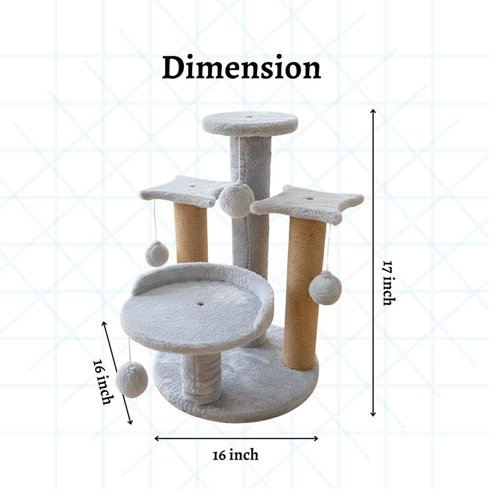 Furrlovers Multi Level Cat Tree with Plush Platforms, Sisal Scratching Posts & Hanging Toys (Grey)