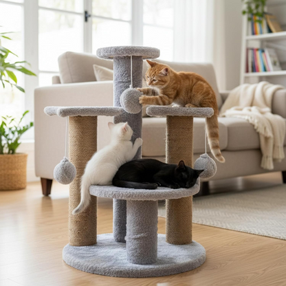 Furrlovers Multi Level Cat Tree with Plush Platforms, Sisal Scratching Posts & Hanging Toys (Grey)