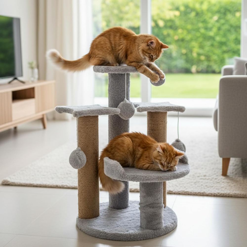 Furrlovers Multi Level Cat Tree with Plush Platforms, Sisal Scratching Posts & Hanging Toys (Grey)