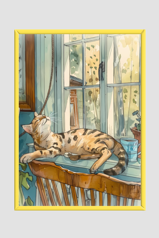EverythingBoho The Chilling Cat Boho Wall Art (Yellow)