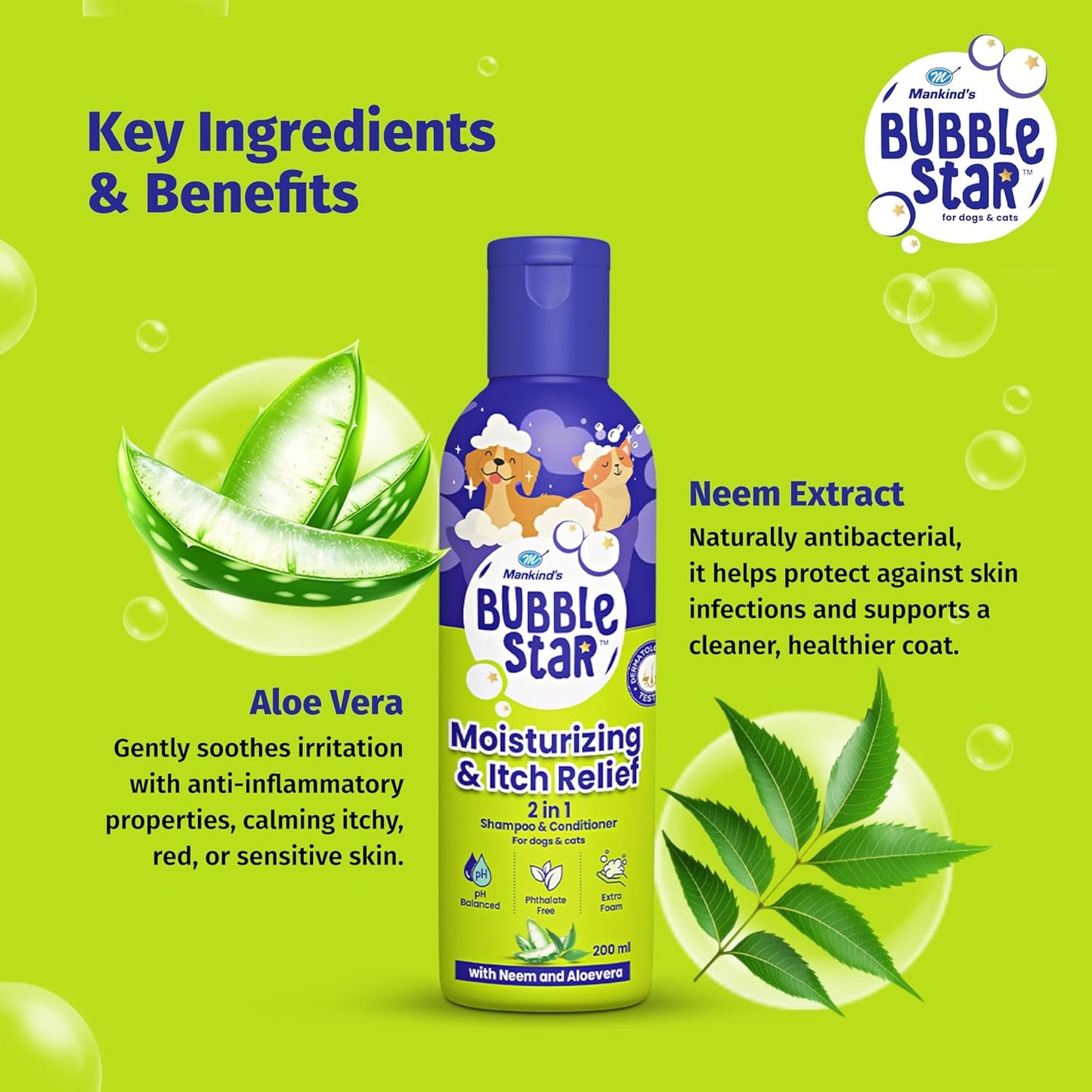 Mankind BubbleStar Neem & Aloe Vera Fresh 2 in 1 Waterless Shampoo for Dogs & Cats