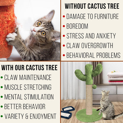 Furrlovers Cactus Scratching Post with Rope Wrapped Climbing Tower & Plush Top for Cats (Green)