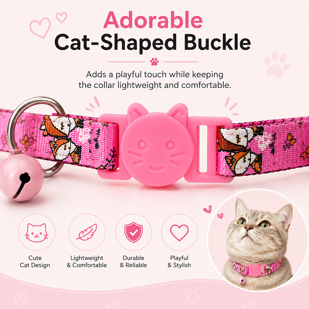 Talking Dog Club Everyday Collar with Fox Bell for Cats (Pink)