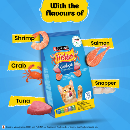Friskies Seafood Cat Dry Food and Purina Felix Salmon with Jelly Adult Cat Wet Food Combo