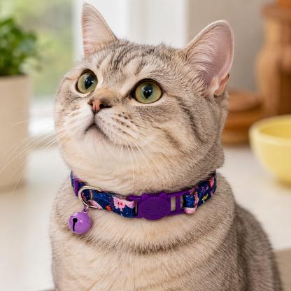 Talking Dog Club Everyday Collar with Sea Horse Bell for Cats (Navy/Purple)