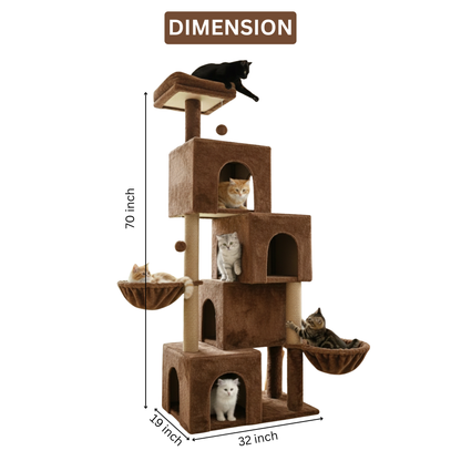 Furrlovers Multilevel Plush Cat Tree with Condo, Hammock & Jute Rope Scratching Posts (Brown)