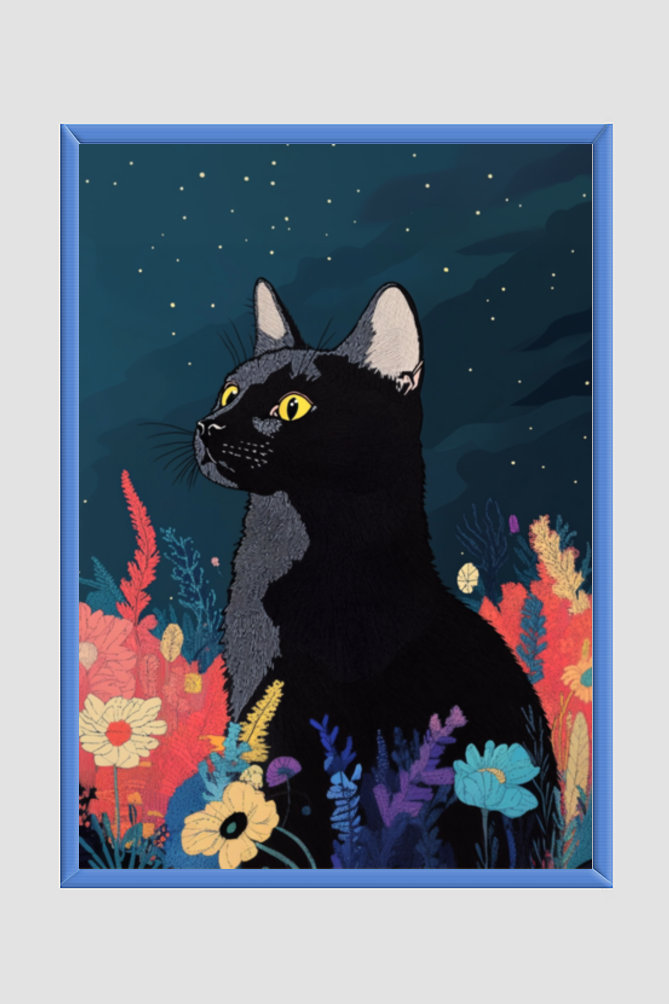 EverythingBoho The Black Cat Artistic Framed Art (Royal Blue)