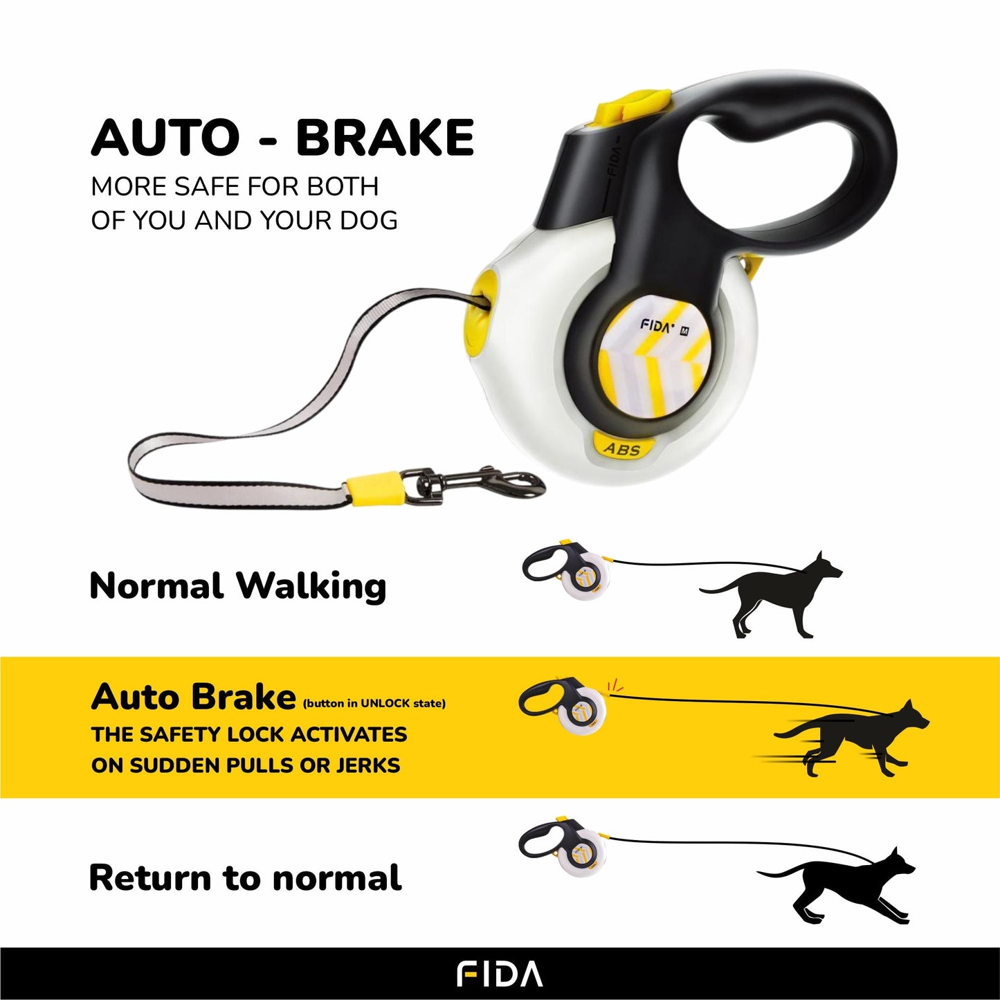 Fida Autobrake Retractable Leash for Dogs (White)